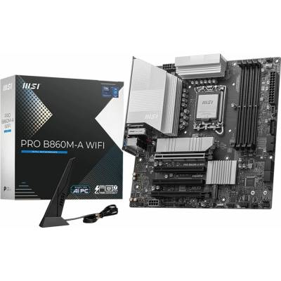 Дънна платка MSI PRO B860M-A WIFI, B860, LGA1851, DDR5, PCI-E 5.0 (Thunderbolt 4&DP&HDMI), 4x SATA 6Gb/s, 3x M. 2 slots, 1x Thunderbolt 4, 1x USB 3.2 Gen 2, 5GbE LAN, Wi-Fi 7, Bluetooth 5.4, microATX (PRO B860M-A WIFI)