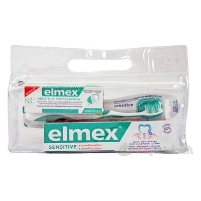 Elmex Sensitive zubná pasta 75 ml + zubná pasta 20 ml + zubná kefka + cestovná taštička darčeková sada