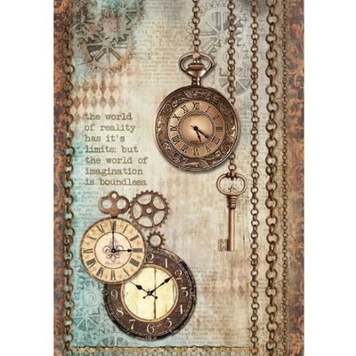 Rýžový papír Ozubená kola hodiny a klíč Stamperia A4 – Zboží Mobilmania
