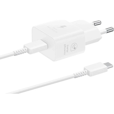 Samsung Оригинално Зярядно 220V, Samsung, USB-C 25W, , Travel Charger с Type C Data кабел, Бяло, EP-T2510XBE