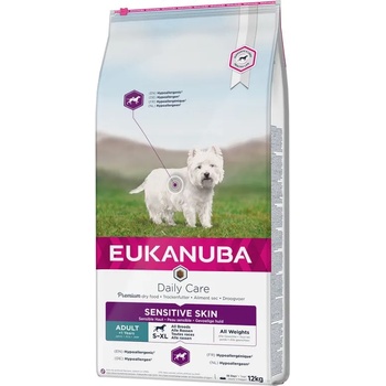 EUKANUBA Daily Care Adult Sensitive Skin - Пълноценна суха храна за израснали кучета с чувствителна кожа, непоносимост към пилешко месо, 12 кг