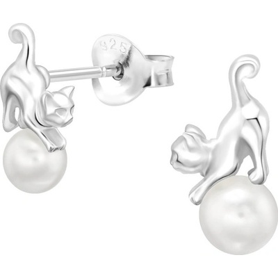 For Silver Stříbrné puzetové náušnice s perlou a kočkou – Stříbro 925