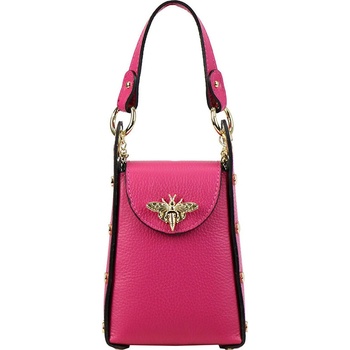 Malá ružová imidžová kožená kabelka do ruky s brošňou