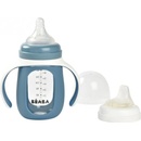 Beaba fľaša Bidon na učenie pitia 2v1 Learning Bottle 210ml Blue s modrým silikónovým obalom
