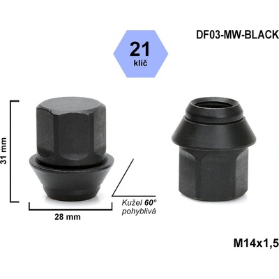 Kolová matice M14x1,5 FORD, LAND ROVER, JAGUAR, kužel pohyblivá, klíč 21, DF03-MW uzavřená, výška 31 | Zboží Auto