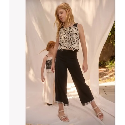 Abel & Lula Елегантен комплект дантелен къс потник и черен ефирен панталон за момиче Abel&Lula