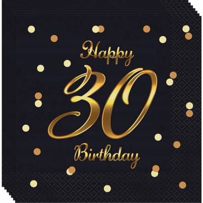 B&C Happy 30 Birthday obrúsky čierna zlatá potlač certifikát FSC33x33cm 20 ks