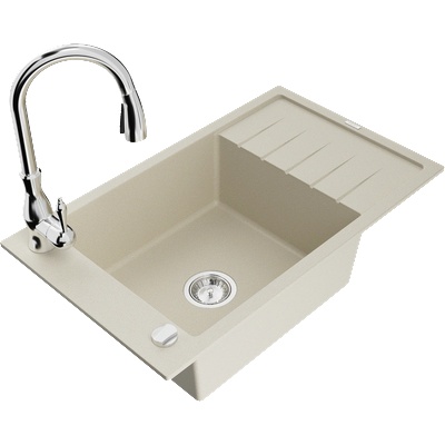 Mexen Elias гранитна мивка с 1 отделение с отцедник и кухненски смесител Savita, бежов - 6511-69-672601-00 (6511-69-672601-00)