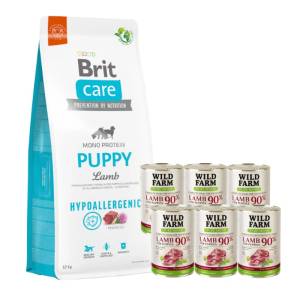 Brit CARE Хипоалергенна храна за кученца с агнешко месо 12кг + WILD FARM PURE MONO Lamb Puppy 6x400g - храна за кученца с един вид протеин