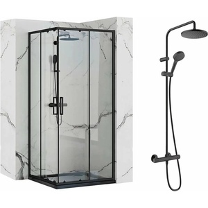 Rea Комплект душ кабина Rea Punto черна 90x90 см и душ колона Hansgrohe Vernis Blend черна (5902557350810+26276670)