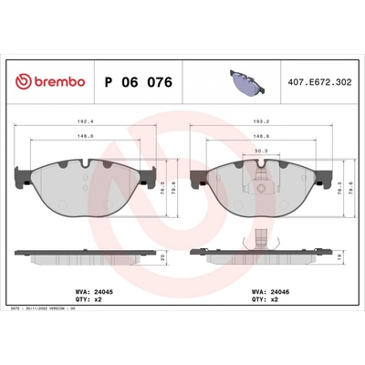 P 06 076 BREMBO Sada brzdových destiček, kotoučová brzda