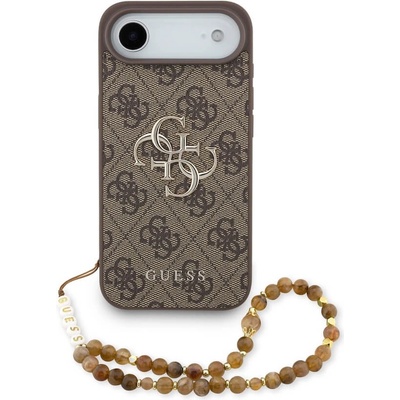 GUESS Дизайнерски кожен кейс с връзка за ръка за iPhone 17 Air - Guess PU 4G Metal Logo Strap Case (кафяв) (GUHCP17MP4GMGSW)