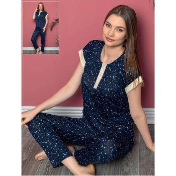 Image 1 of Дамска пижама в тъмносин цвят с луни и звезди