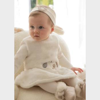 Mayoral Плюшена рокля в бяло с летна за глава за новородено момиче с бродирано кученце Майорал