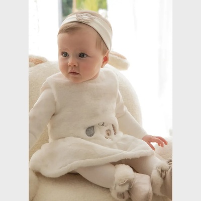 Mayoral Плюшена рокля в бяло с летна за глава за новородено момиче с бродирано кученце Майорал