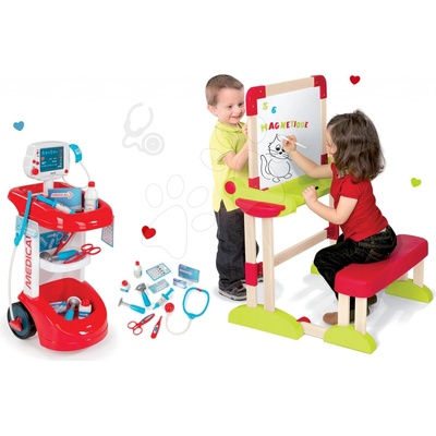 Smoby set lékařský vozík s tlakoměrem a dřevěná školní lavice s tabulí 24475-5