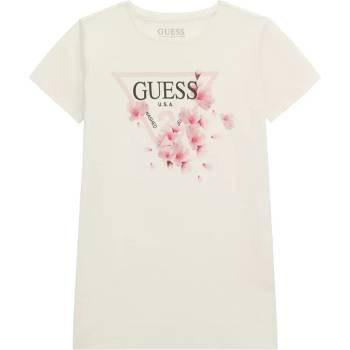 GUESS Мръсно бяла тениска с къс ръкав с цветя и розово лого Guess