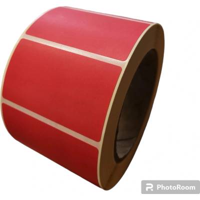 Papierová Etiketa 70 mm x 40 mm, Matný papier, Červená s matným lakom, Dutinka 76 mm, 1000 ks/kotúč, Permanentné lepidlo, Priemer kotúča 117 mm