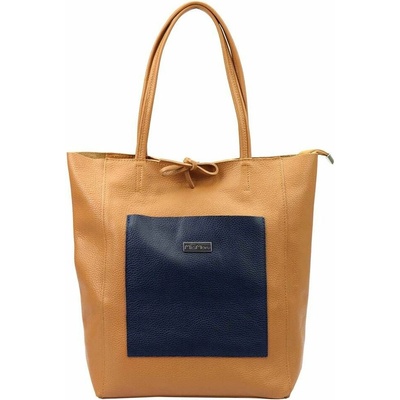 MiaMore dámska kožená kabelka 01-060 DOLLARO v štýle shopperbag ťavej a tmavomodrej farby s logom značky