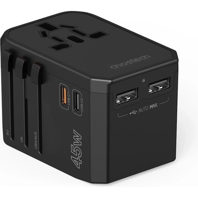 Choetech PD6045 Universal GaN World Travel Adapter 45W - захранване с 1xUSB-C и 2xUSB-A изхода и преходници за цял свят в едно устройство за мобилни устройства (черен)