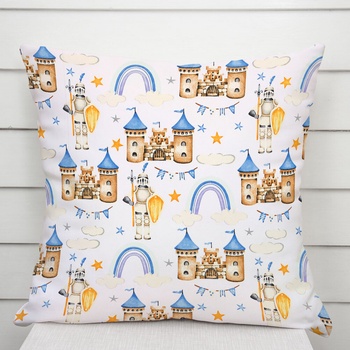 Biante Detská bavlna Sandra SA-666 Modro-hnedé hrady a rytieri na bielom 50 x 70 cm