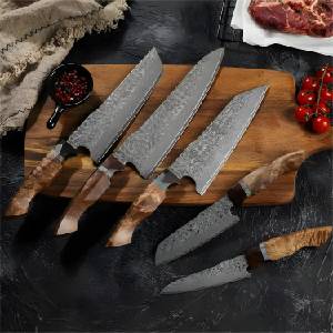 HARAHU Комплект дамаски кухненски ножове yu-37468 - Кафяв kp37468