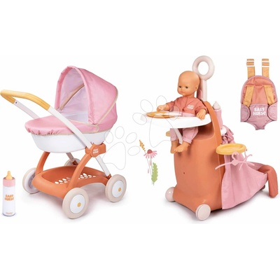 Smoby Set prebaľovací kufrík s postieľkou na kolieskach 3v1 Nursery Soft Baby Nurse a hlboký kočík a klokanka s fľaškou