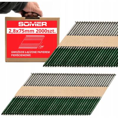 Klince spájané papierom 34°, prstencové 75 mm, 2,9 mm, 2000 ks