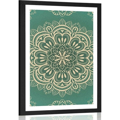 Plakát s paspartou Mandala na tyrkysovém pozadí - 60x90 white