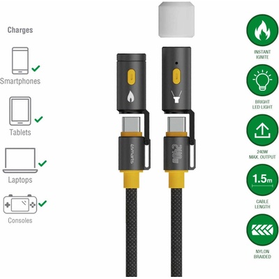 4smarts Кабел с бързо зареждане за устройства с USB-C порт, LED светлина и запалка (150 см) (черен) - 4smarts 3-in-1 USB-C Cable Set Explorer 240W (541240)