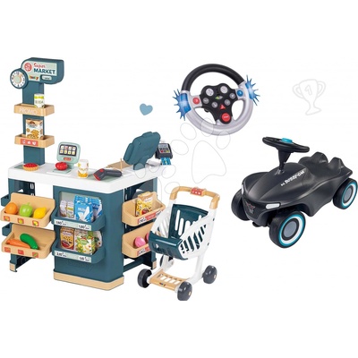 Smoby Set obchod elektronický s váhou a skenerom Super Market a odrážadlo Neo Anthrazit a interaktívny volant so zvukom a svetlom