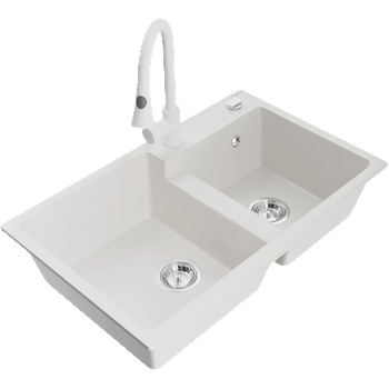 Mexen Tomas мивка от гранит, 2 камери с кухненски смесител Elia, бял - 6516-20-670101-20 (6516-20-670101-20)