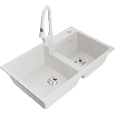 Mexen Tomas мивка от гранит, 2 камери с кухненски смесител Elia, бял - 6516-20-670101-20 (6516-20-670101-20)