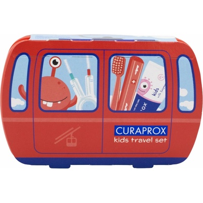 Curaprox Kids travel červený 1x zubná kefka 2x medzizubná kefka CPS 1x zubná pasta melón 6+ 10 ml 1x nálepka darčeková sada