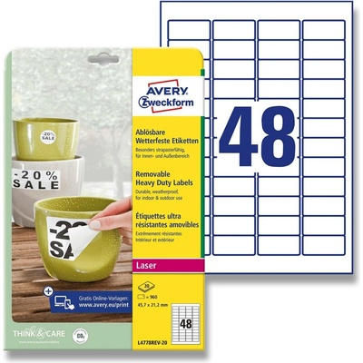 Avery Zweckform L4778REV-20 nepermanentní PET etikety 45,7 x 21,2 mm 960 etiket bílá