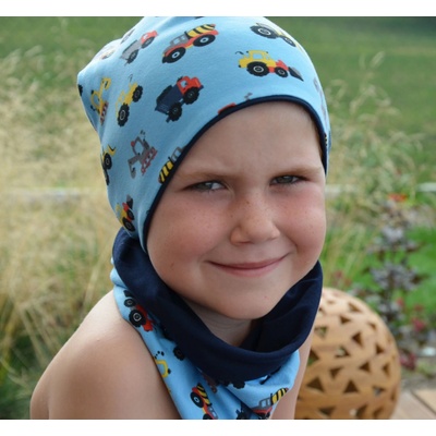 dětská čepice dvouvrstvá Autíčka/tm. modrá