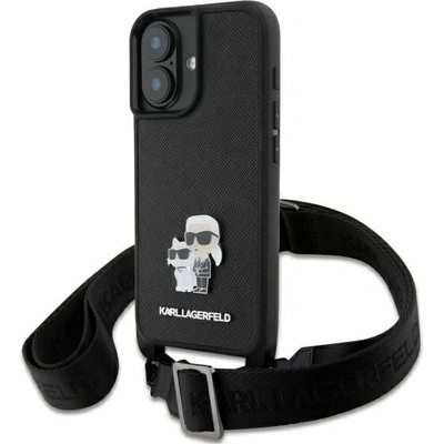 Karl Lagerfeld Saffiano crossbody kryt na iPhone 16 KLHCP16SSAKCPBK - kovový odznak Karl&Choupette KF2342322