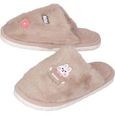 Плюшени пантофи в цвят капучино с гумена щампа зайче