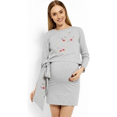 Be MaaMaa elegantné tehotenské dojčiace šaty tunika s výšivkou a stuhou jasno sivý