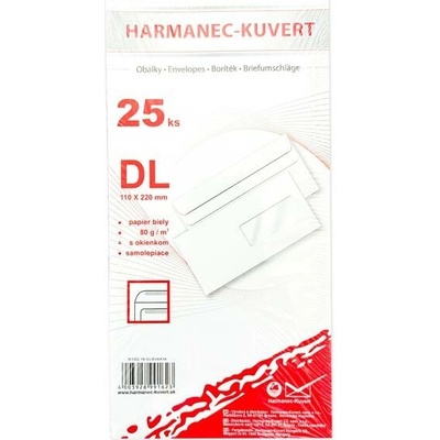 Harmanec-Kuvert Poštové obálky DL samolepiace, okienko, 25 ks