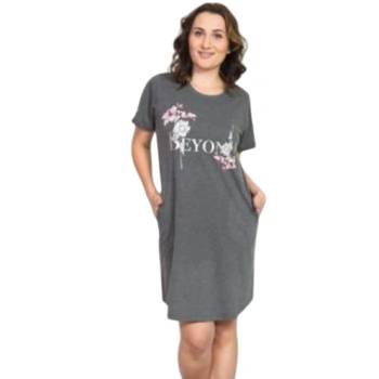 Тъмносива макси нощница с цветя и надпис