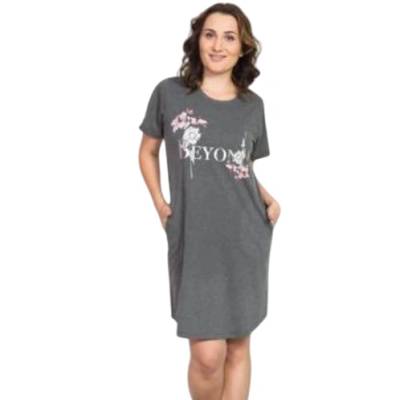 Тъмносива макси нощница с цветя и надпис