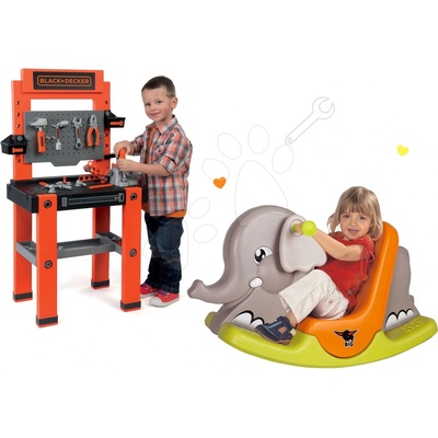 Smoby Set pracovná dielňa Black & Decker so 79 doplnkami +hojdačka Slon s pohyblivými ušami SM3607008