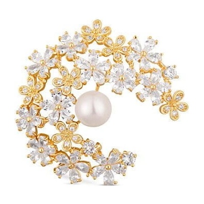 JwL Luxury Pearls trblietavá pozlátená brošňa 2v1 s pravou perlou a kryštálmi JL0730