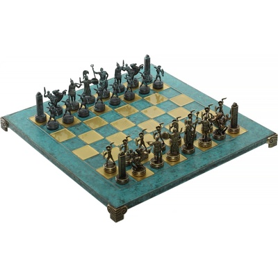 Manopoulos Šachy Řecká mytologie s modrými a hnědými figurkami a mosaznou šachovnicí 36x36 cm