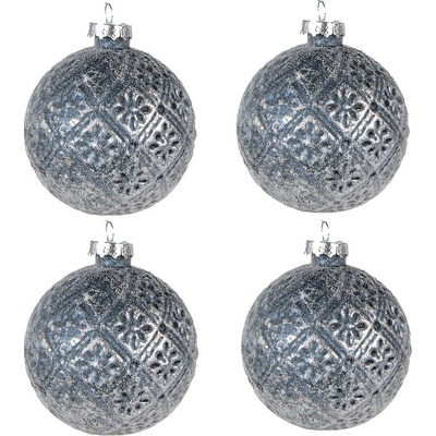Clayre & Eef Set 4ks modro-stříbrná vánoční skleněná ozdoba koule - Ø 8*8 cm