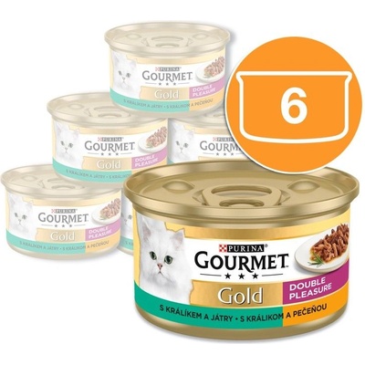 Gourmet Консерва Gourmet GOLD - гриловани и задушени парчета месо с заек и черен дроб, 6 x 85г