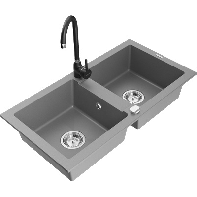 Mexen Mario гранитна мивка с 2 отделения с кухненски смесител Telma, сив - 6504-71-670200-70 (6504-71-670200-70)