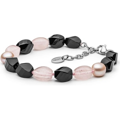 Gaura Pearls Korálkový náramek růžový křemen perla a onyx 234-117B Černá