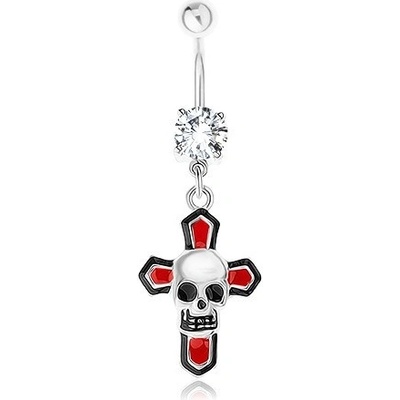 Šperky eshop piercing do pupíku ocel glazovaný kříž čirý zirkon lebka svítí ve tmě SP84.21
